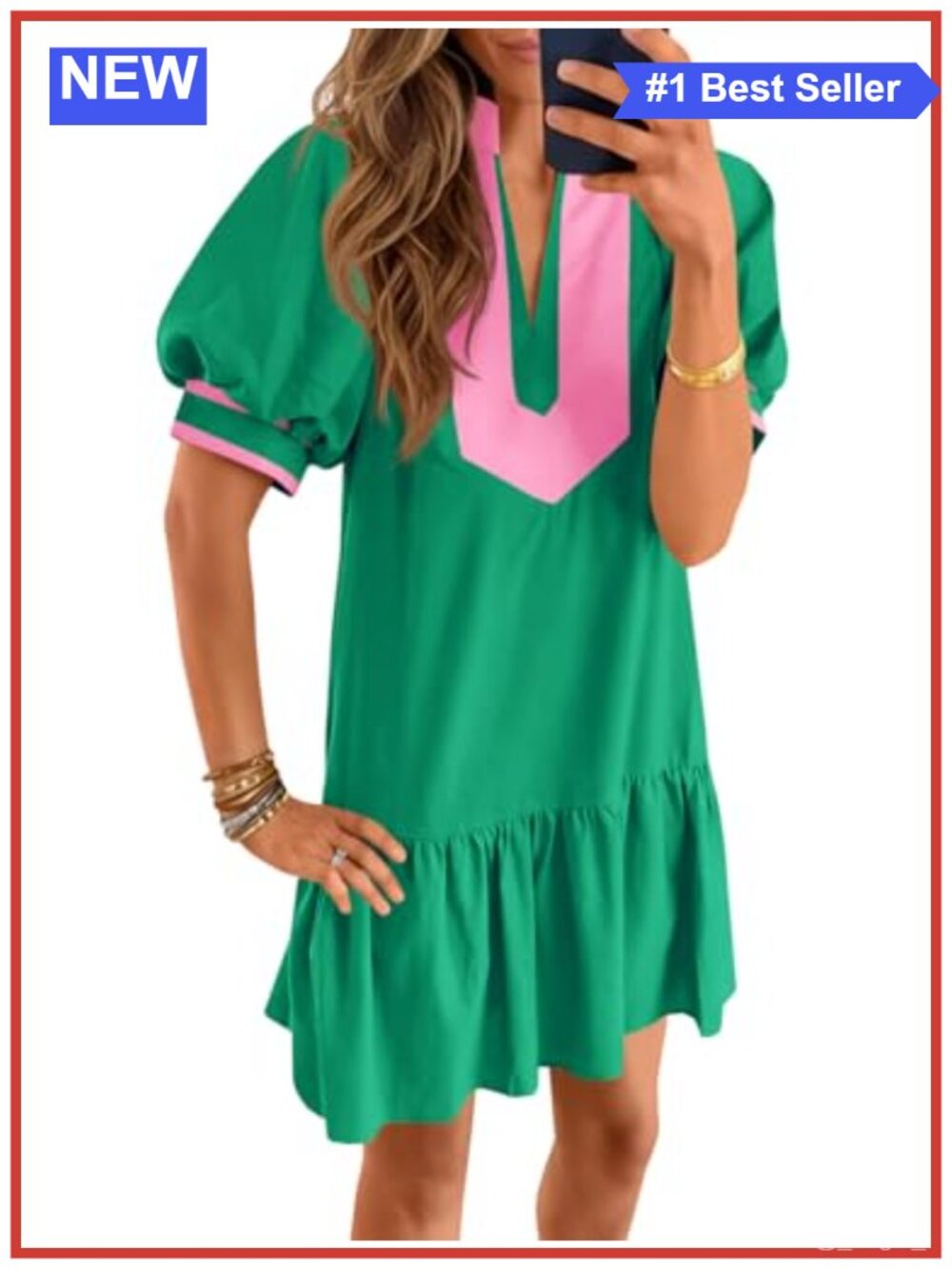 Women Summer Puff Sleeve V Neck Mini Dress with Pockets